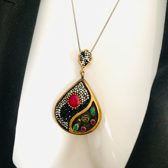 Stunning silver pendant fuchia & green semi-precious stones & shiny rhinestones - Picture 12 of 15